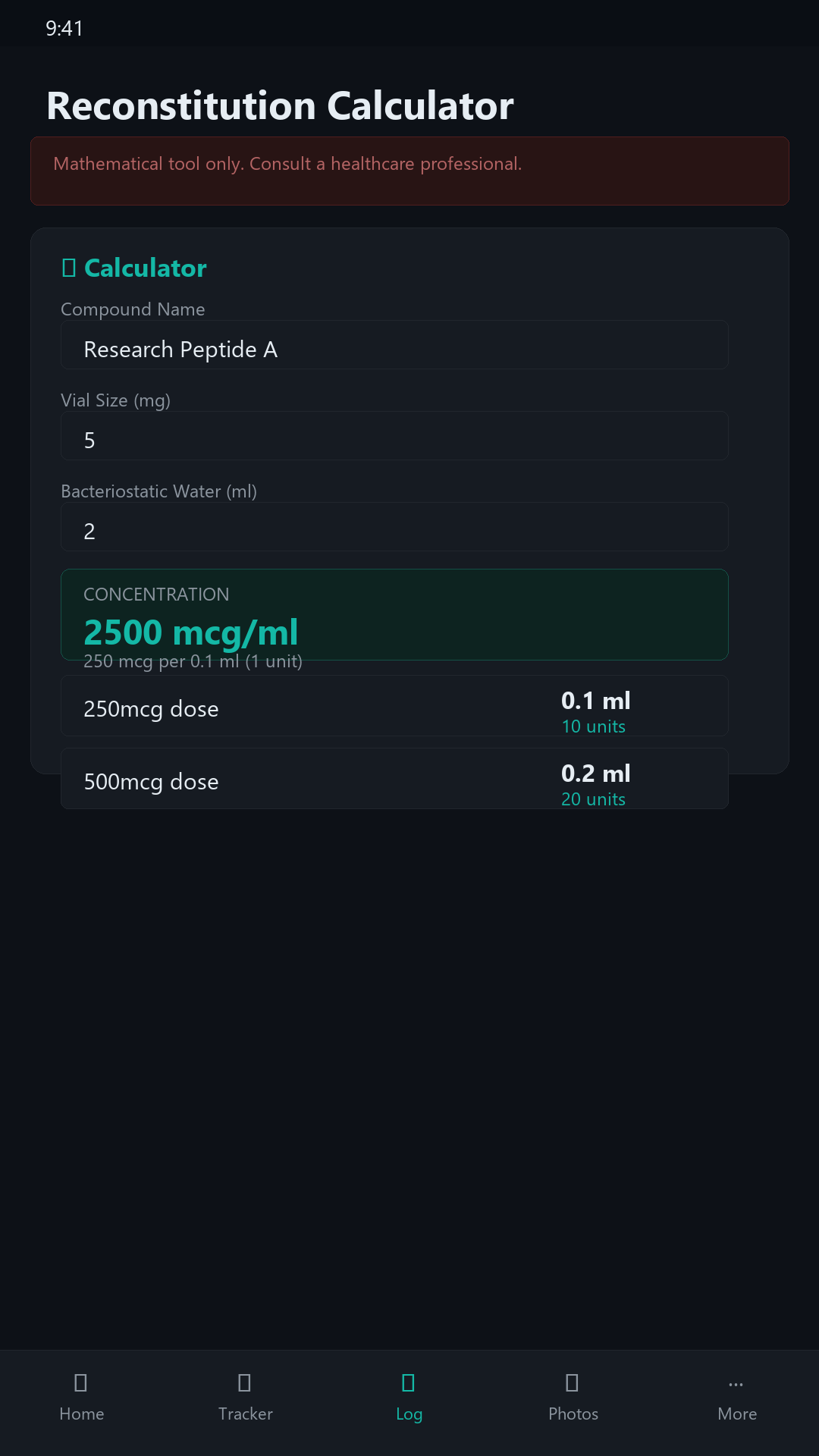 My Peptide Pal — concentration calculator screenshot